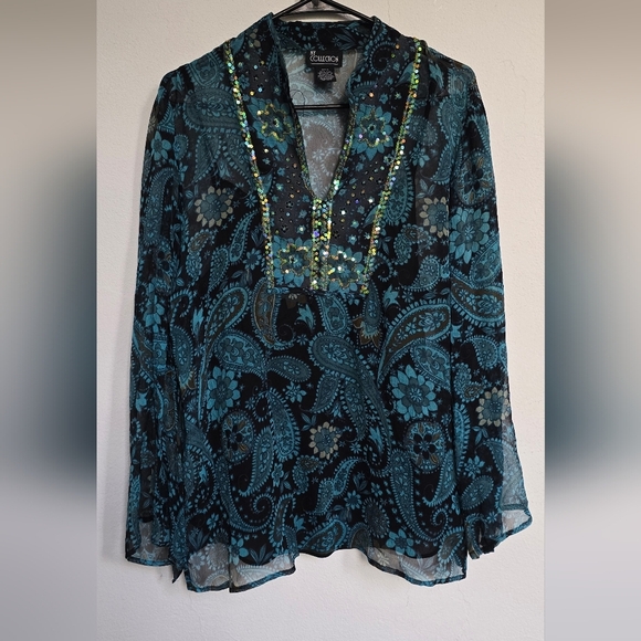NY Collection 100% Silk Paisley Boho Beaded Top Y2K Gypsy Size Large - Picture 1 of 13